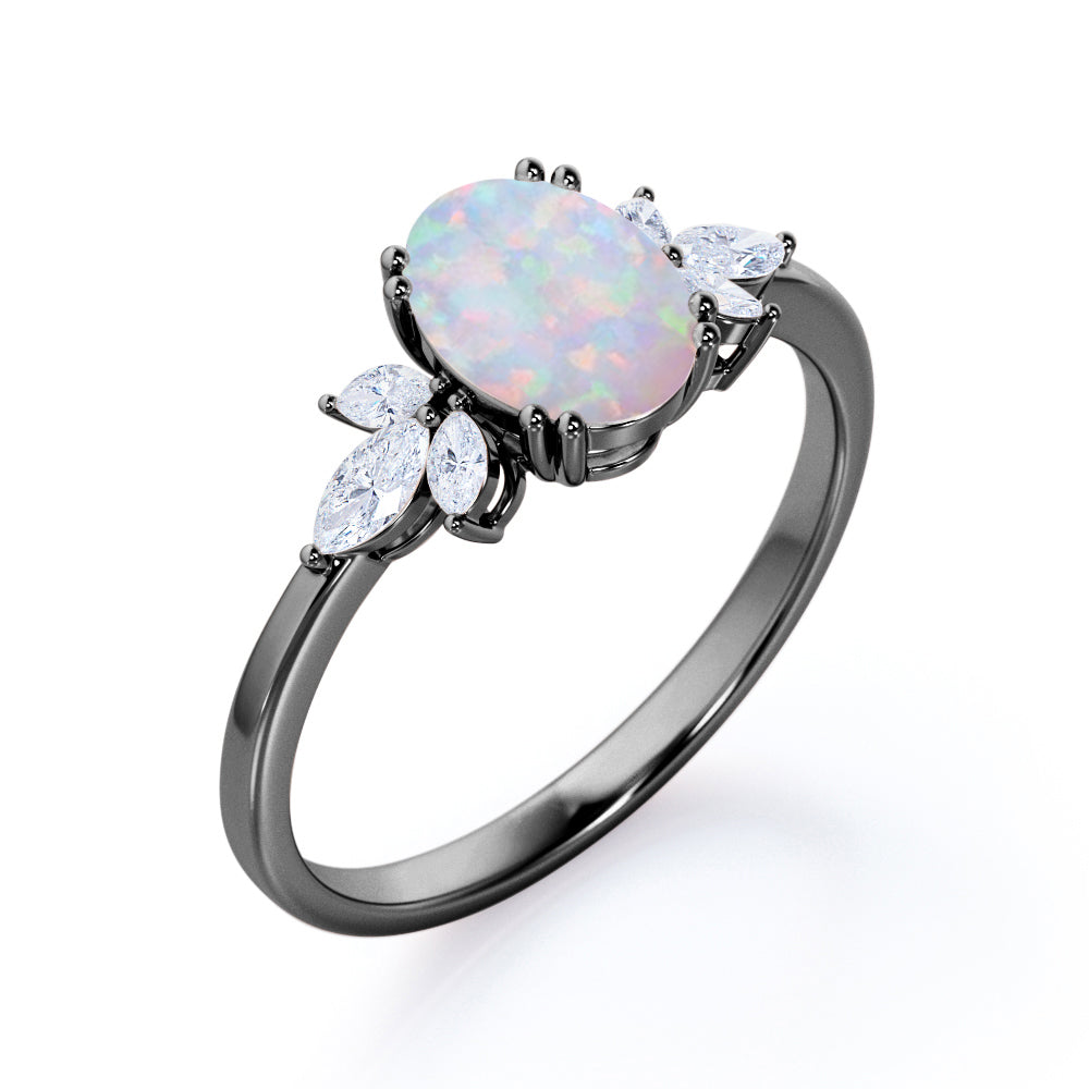 Antique leaf inspired 1.3 carat Oval cut Opal and marquise diamonds double prong engagement ring in White gold