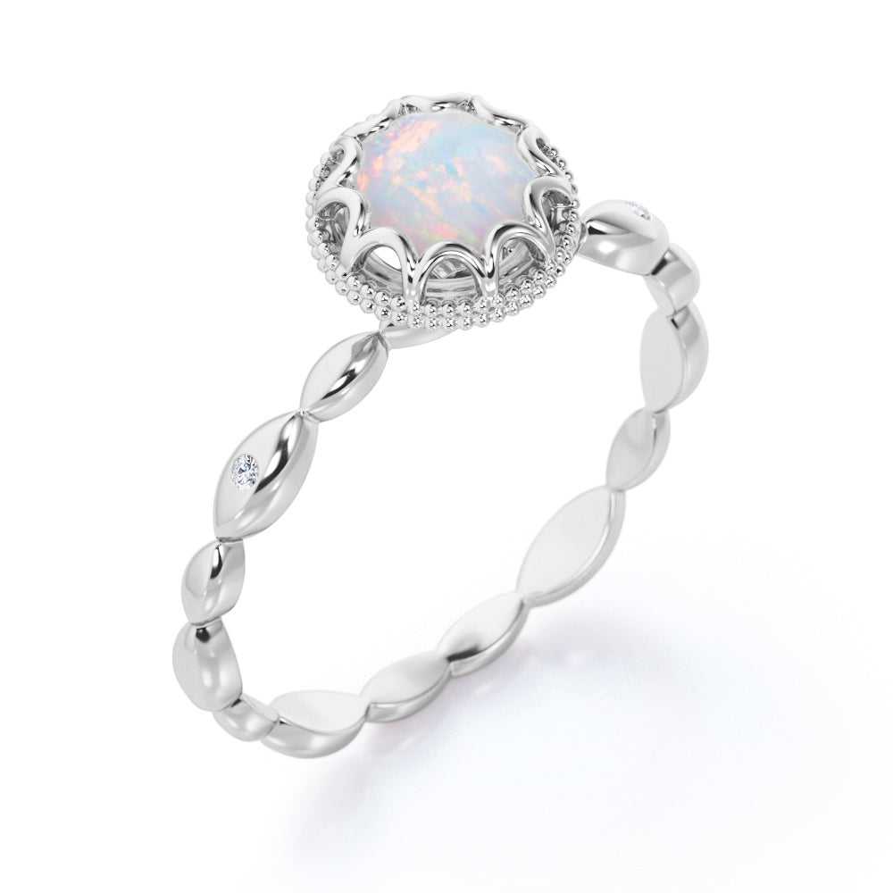 Scalloped halo 1 carat Round cut Ethiopian Opal milgrain edge engagement ring in Rose gold