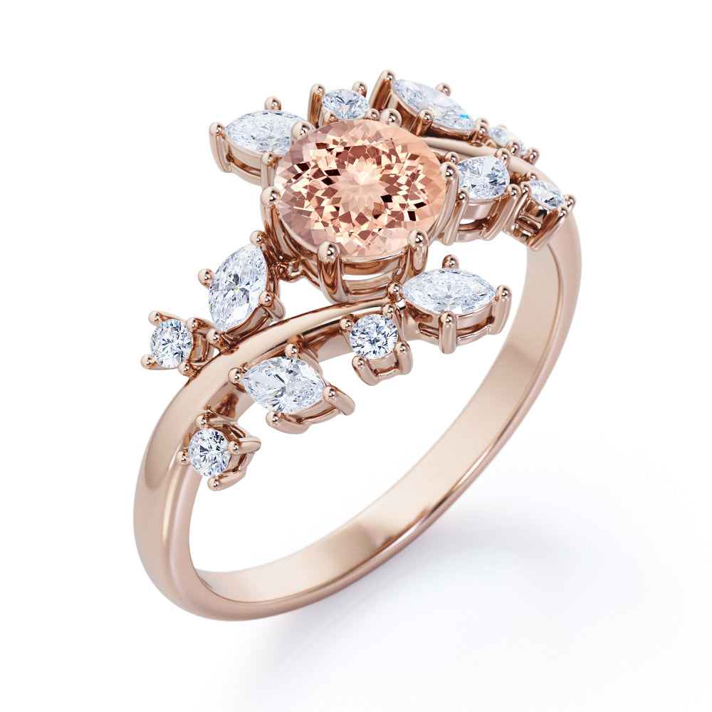 Open setting 1.25 carat Round cut Morganite and diamond floral inspired engagement ring in White gold