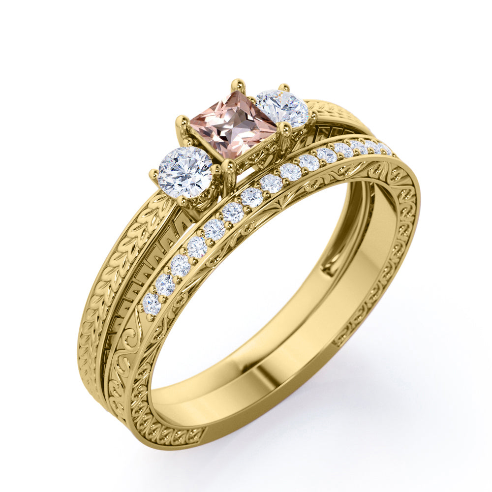 Eccentric Trilogy 1.35 carat Princess cut Pink Morganite and round pave diamond Filigree engraved-Bridal set for women