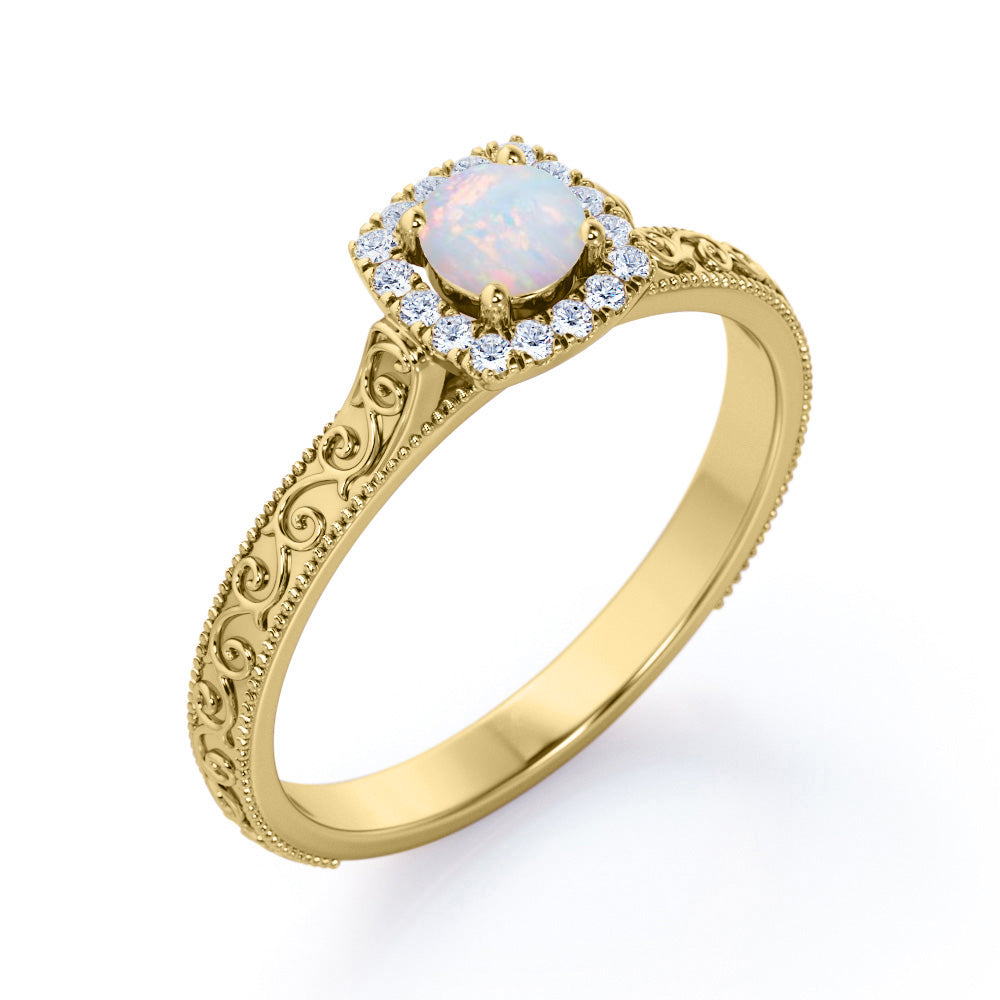 Vintage Halo 0.65 carat Round cut Australian boulder opal and diamond edwardian art deco engagement ring in White gold