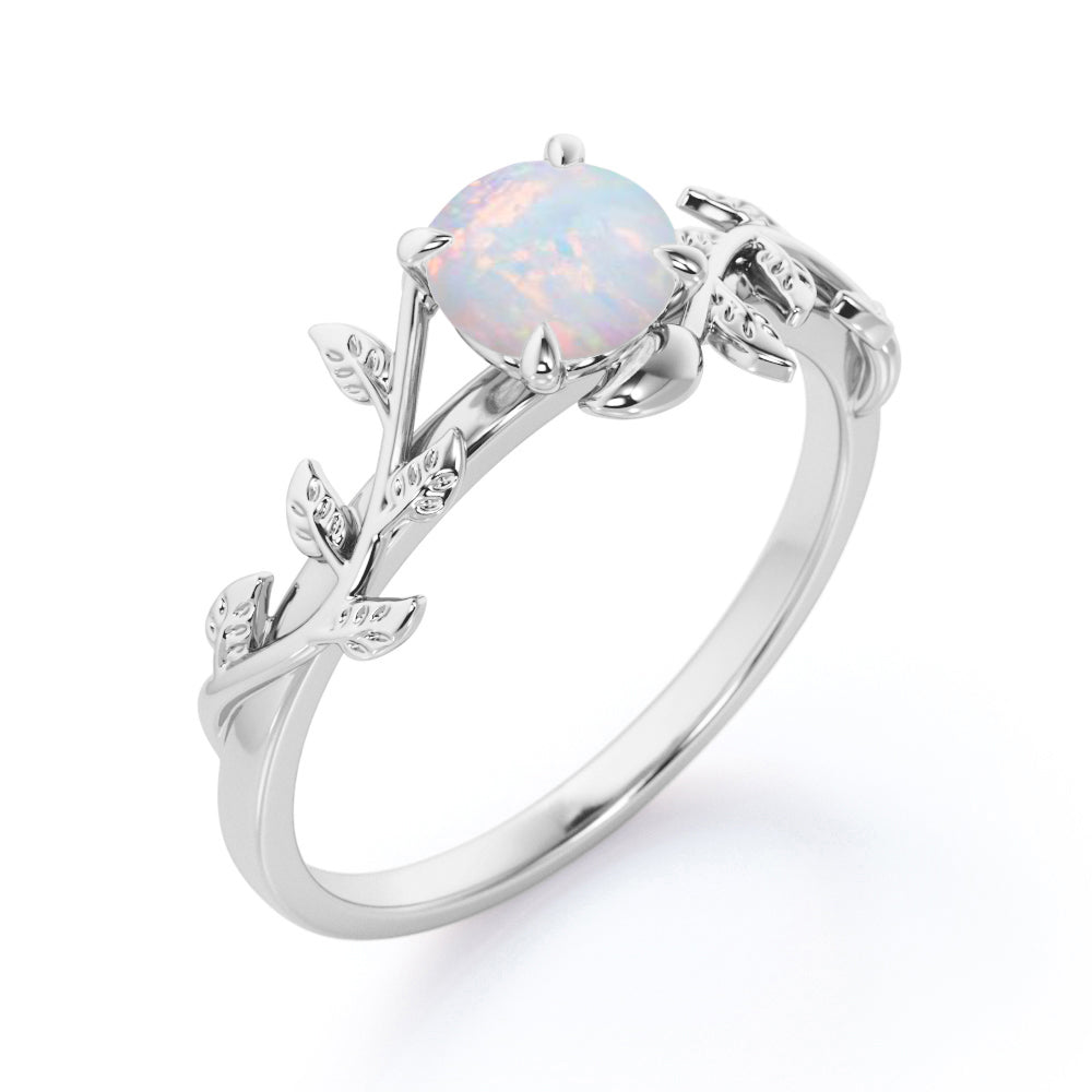 Classic nature inspired 1 carat Round cut Australian Opal vine and leaf engagement ring in White gold