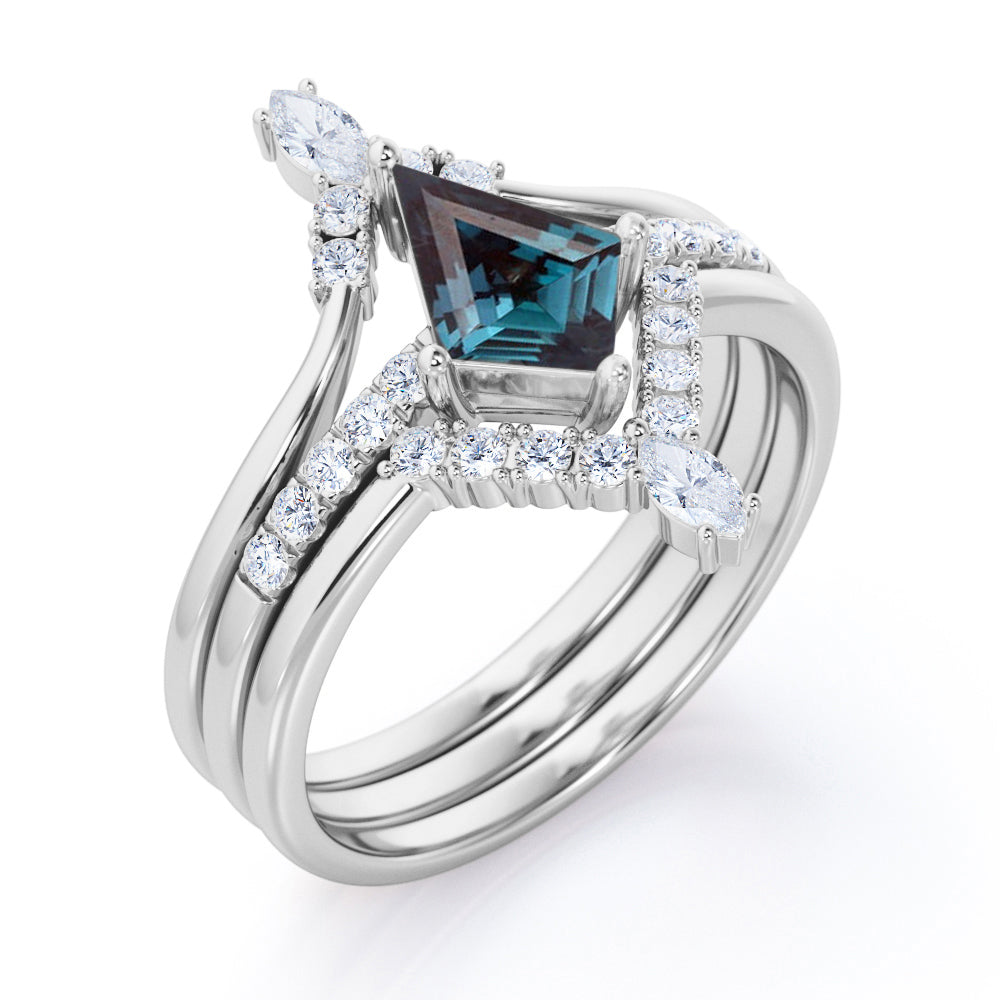 Tiara Chevron 1.35 carat Kite shaped Lab created Alexandrite and diamond trio wedding ring set in White gold