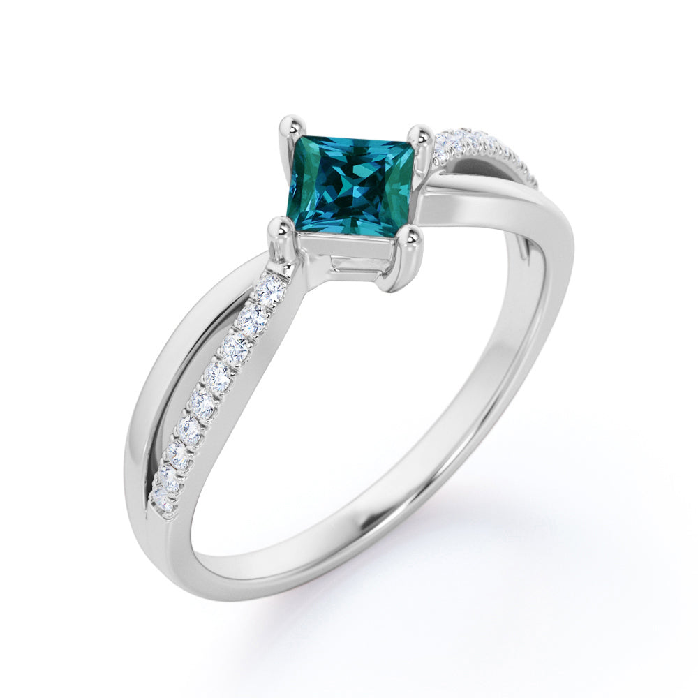 Split Shank 1.2 carat Princess cut lab made Alexandrite and diamond Basket set Engagement ring for women in gold