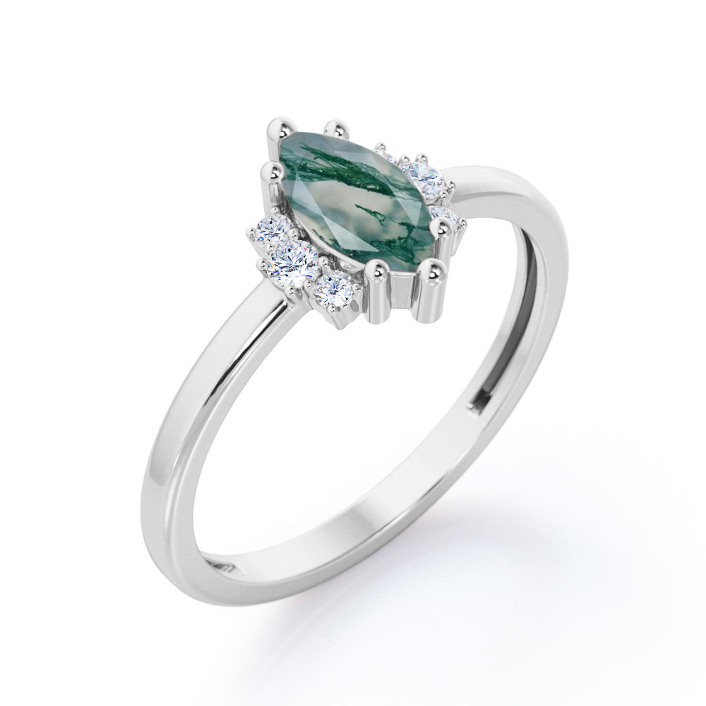 Floral 7 stones 1.25 carat Moss Agate and diamond engagement ring in Black gold