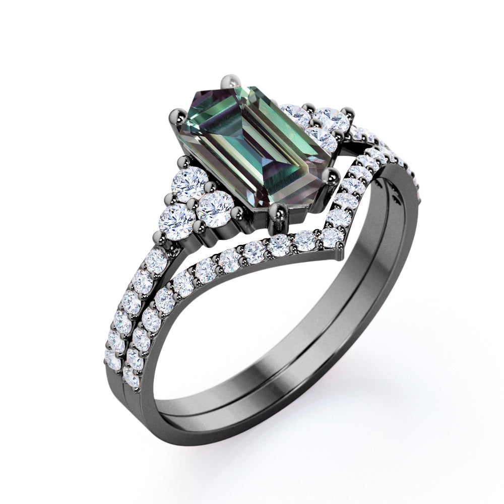 Pave Chevron 1.7 carat Hexagon shaped Lab made Alexandrite and diamond wedding ring set for her in White gold