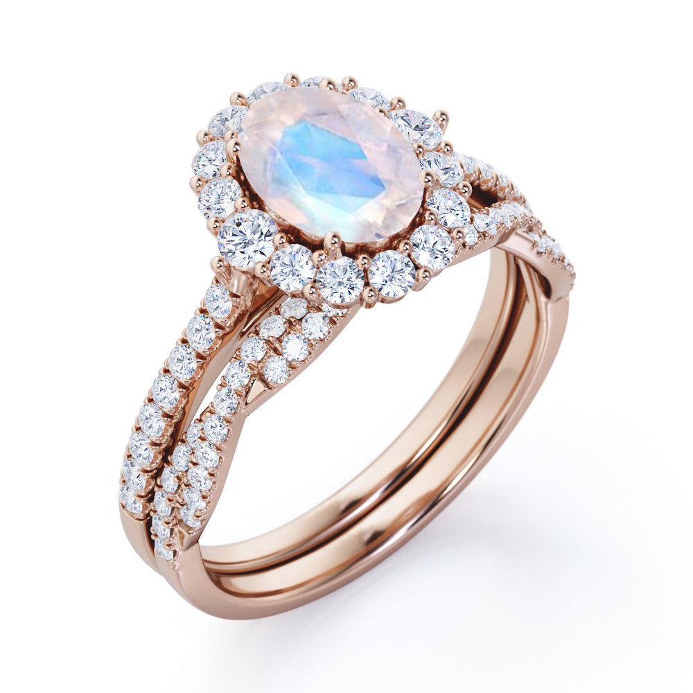 Cluster Halo 1.75 carat Oval cut Moonstone and Diamond Vintage Bridal set for women