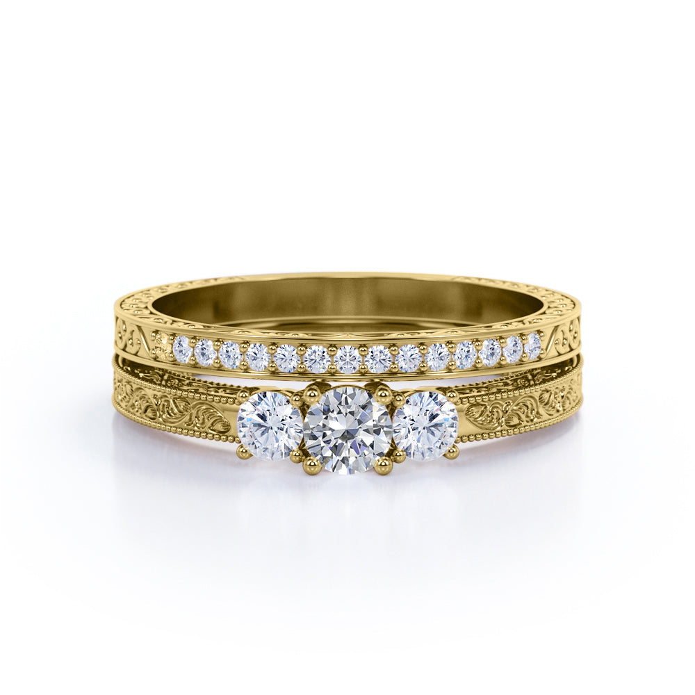 Unique Triple stone 0.72 carat Round Brilliant cut Diamond Milgrain Art-Deco Wedding Ring set in Gold