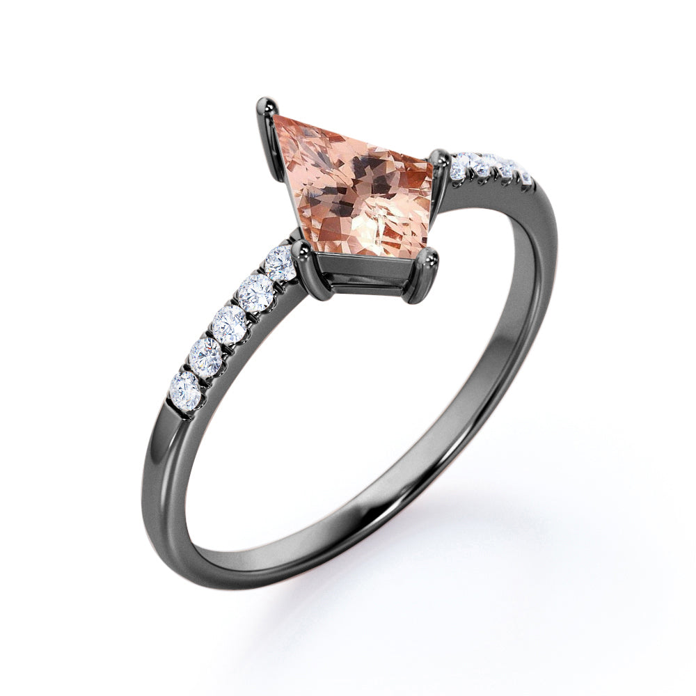 Vintage Pave 1.25 carat Kite shaped Morganite and diamond engagement ring in White gold