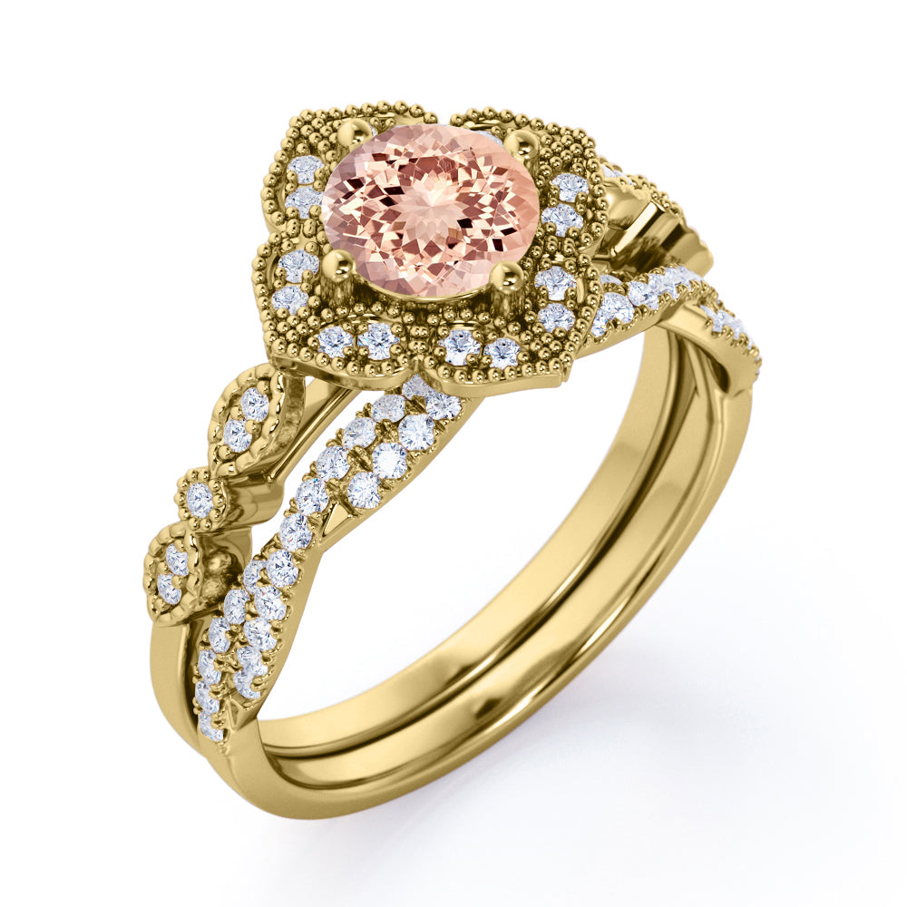 Half-infinity 1.50 carat Round cut Morganite and diamond blossom engagement ring and wedding band set for women