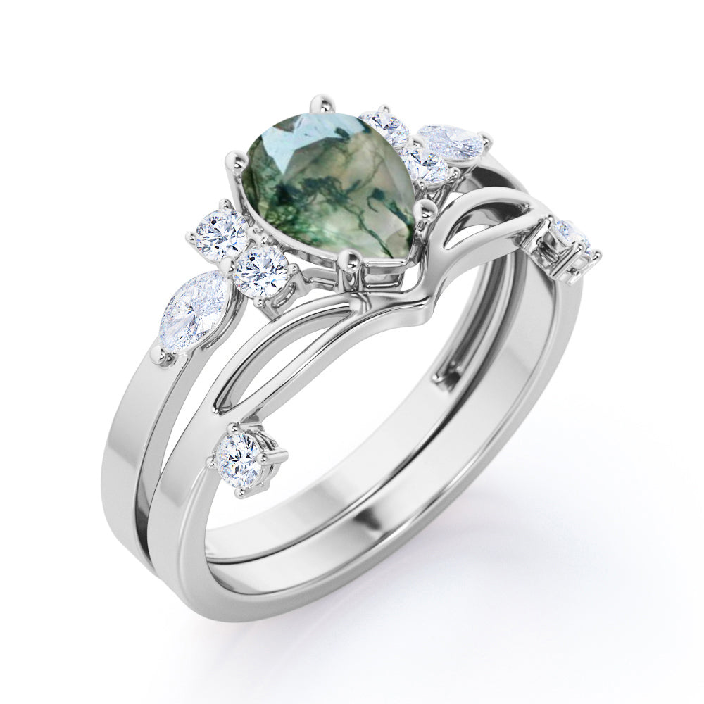 Beveled Chevron 1.25 carat Pear cut Moss Green Agate and diamond Split shank wedding ring set in Black gold