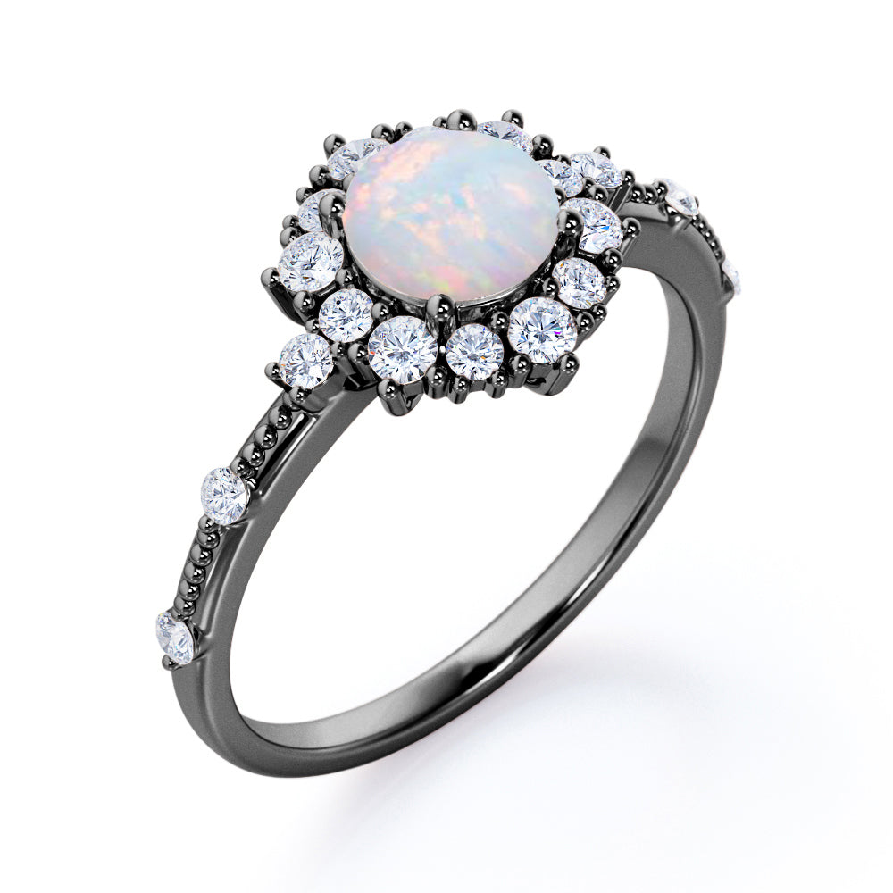 Floral art inspired 1.20 carat Round cut Ethiopian Opal and diamond-engraved-cluster halo engagement ring White gold