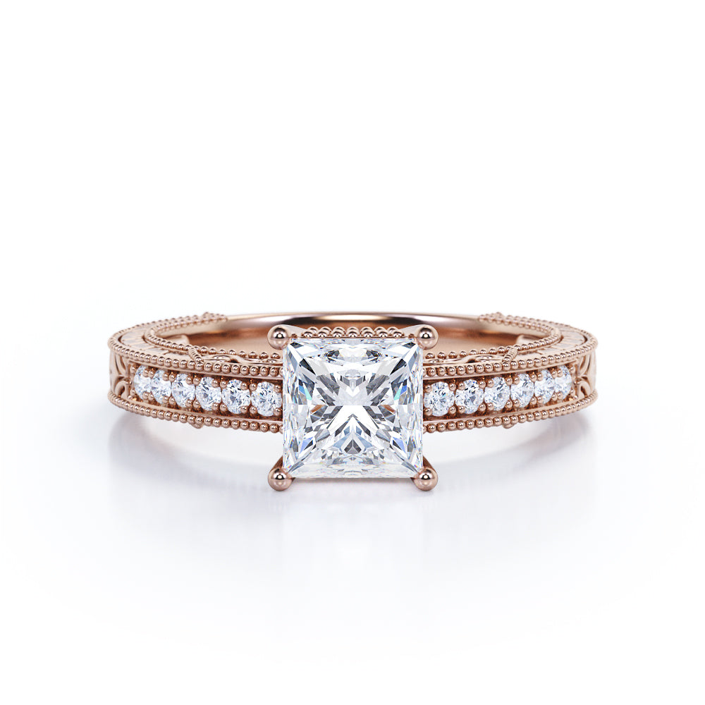 Vintage Milgrain 1.15 carat Princess cut Moissanite and diamond Engraved Filigree Engagement ring in White gold-Anniversary ring