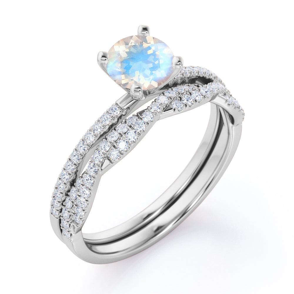 Classic 1.5 carat round cut Moonstone Wedding ring set with matching semi-infinity diamond wedding ring band in White gold