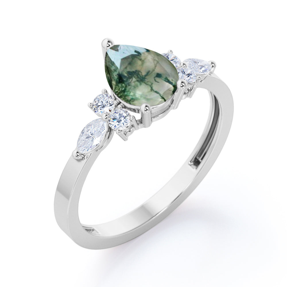 1.15 carat Pear cut Moss Agate and diamond prong style promise ring in Rose gold