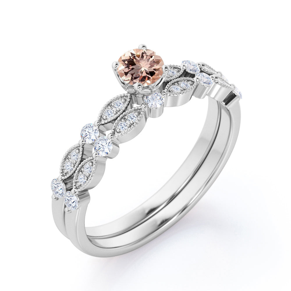 Vintage Antique Design 0.8 carat Round cut Pink Morganite and diamond bridal set for women in Yellow gold