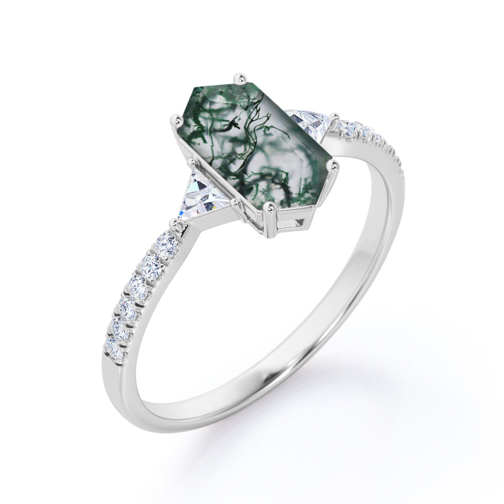 Modern Trillion 1.25 carat Hexagon shaped Moss Green Agate and diamond eternity style engagement ring in Rose gold