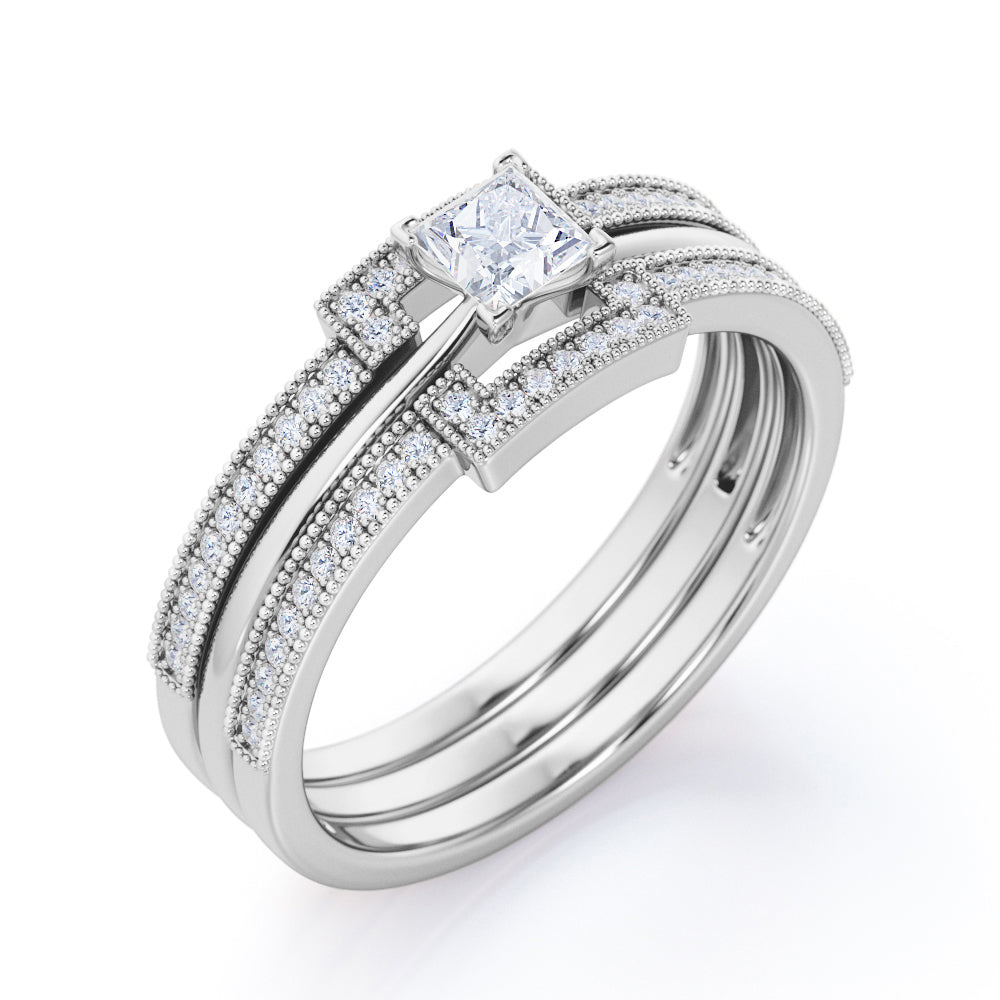 Authentic 1 carat Princess cut Moissanite and diamond halo inspired trio wedding ring set for women in rose gold