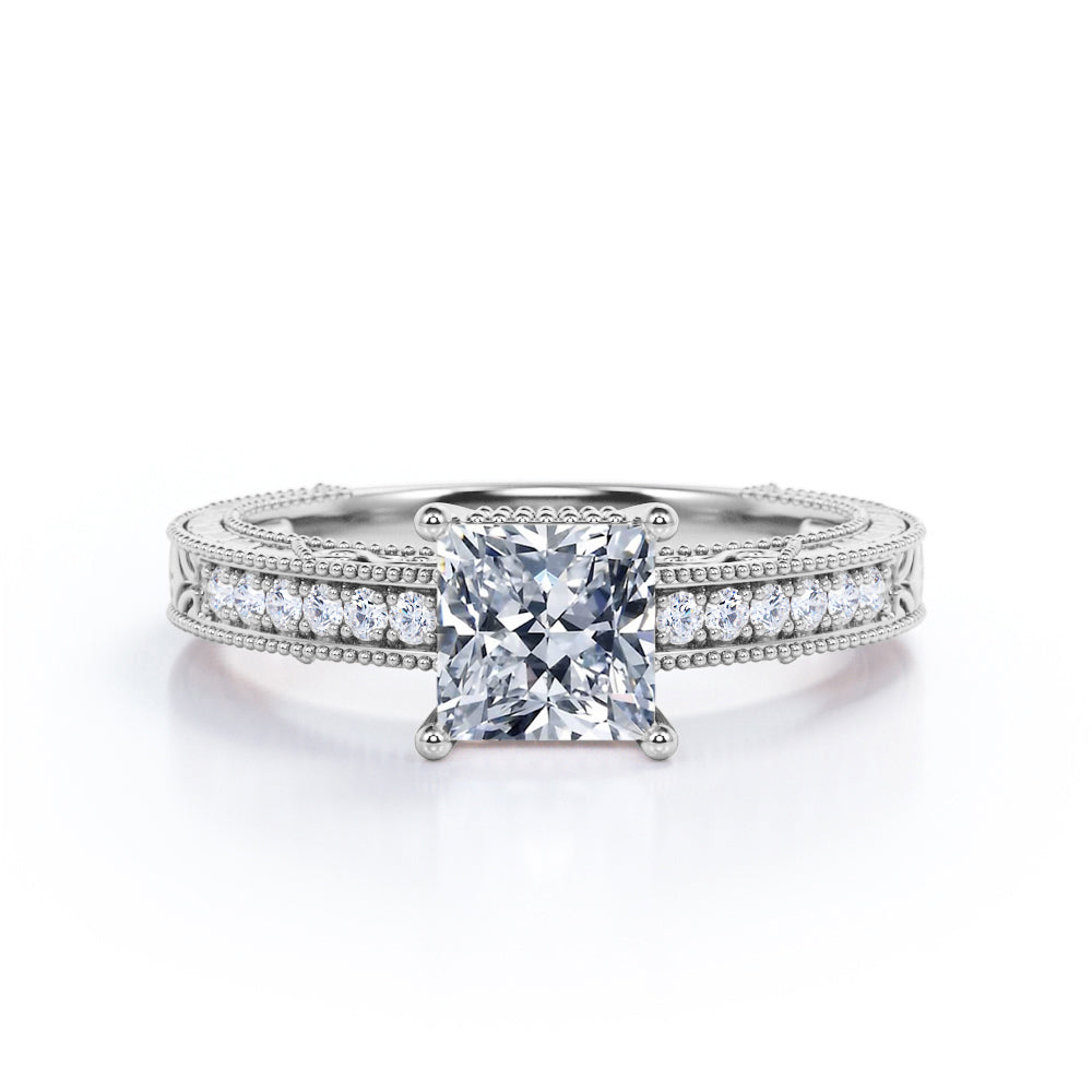 Vintage Milgrain 1.15 carat Princess cut Moissanite and diamond Engraved Filigree Engagement ring in White gold-Anniversary ring