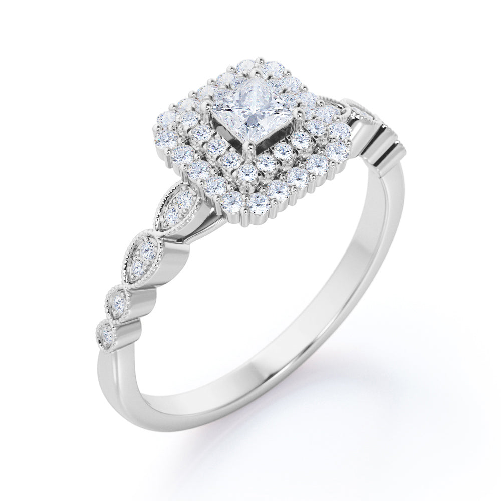 Exquisite double halo 1.25 carat Princess cut Moissanite and diamond milgrain engagement ring in Rose gold