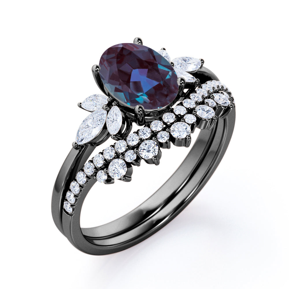 Exquisite Vintage inspired 1.5 carat Oval shaped Lab created Alexandrite and diamond chevron wedding ring set in Rose gold