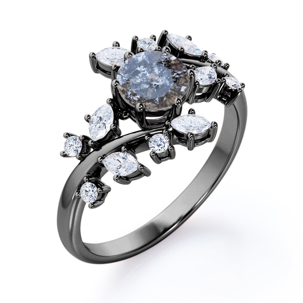 Nature inspired 0.75 carat Round cut Salt and pepper diamond and White diamond tension set engagement ring in white gold