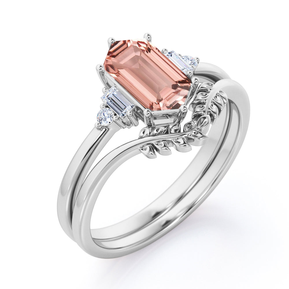 Floral Chevron 1.1 carat Hexagon Morganite and diamond Bridal set for women in Rose gold