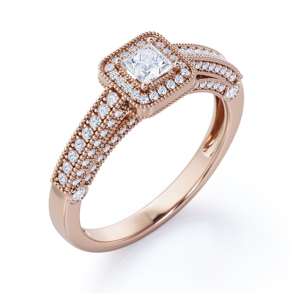Classic Beaded 1 carat Princess cut Moissanite and diamond vintage style engagement ring in White gold