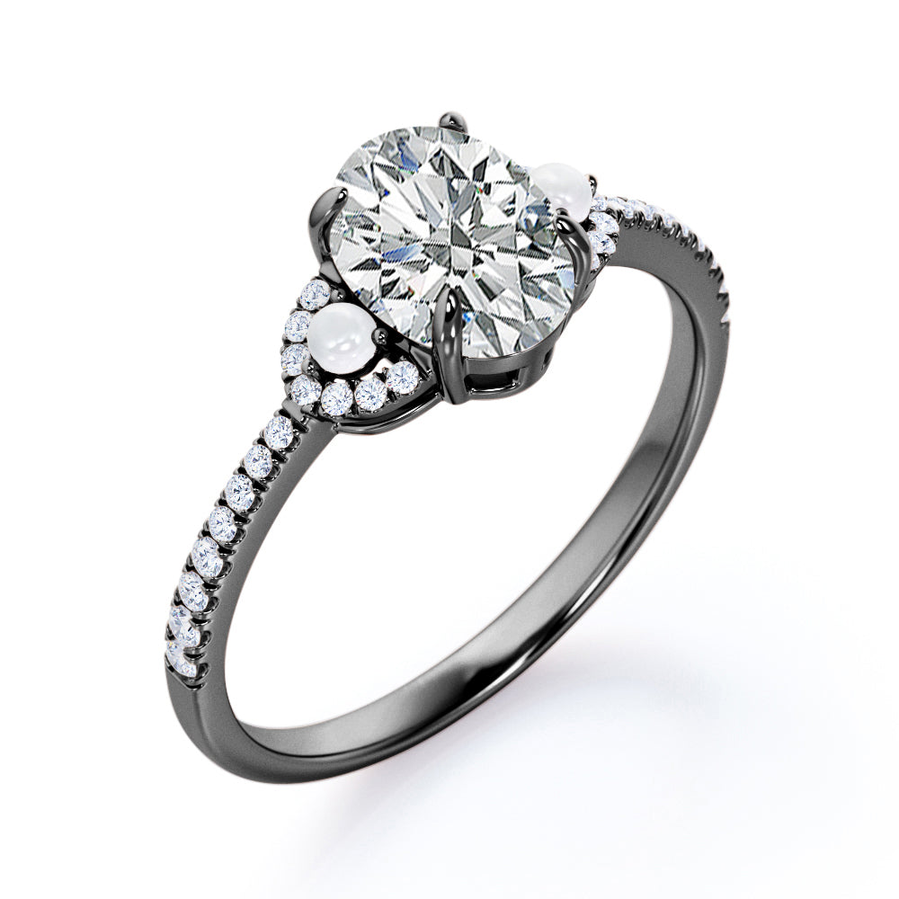 Vintage crescent style 1.35 carat Oval cut Moissanite, diamonds and freshwater pearl engagement ring in Rose gold
