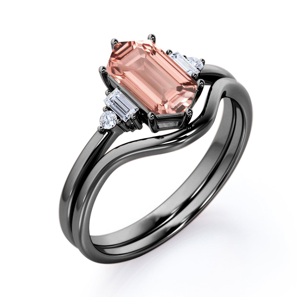 Simple Contoured 1.1 carat Hexagon cut Morganite and diamond 6 prong engagement ring in White gold