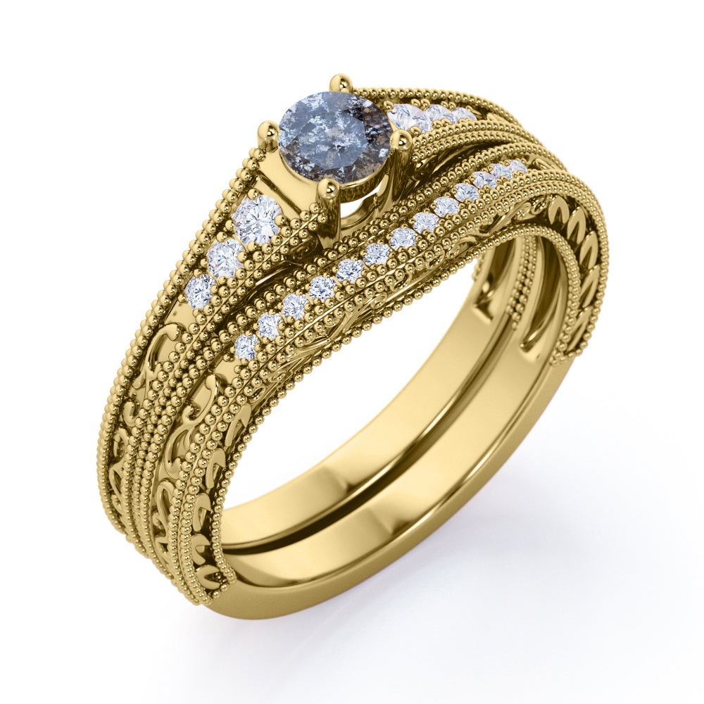 Contoured filigree 0.8 carat Round cut Salt and pepper diamond and White diamond vintage chevron wedding ring set in white gold