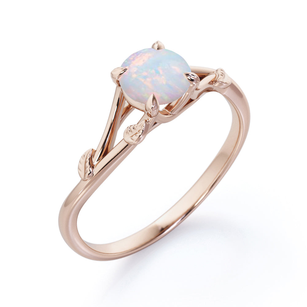 Nature inspired 1 carat Round cut Australian Opal dainty twig and vine engagement ring in White gold