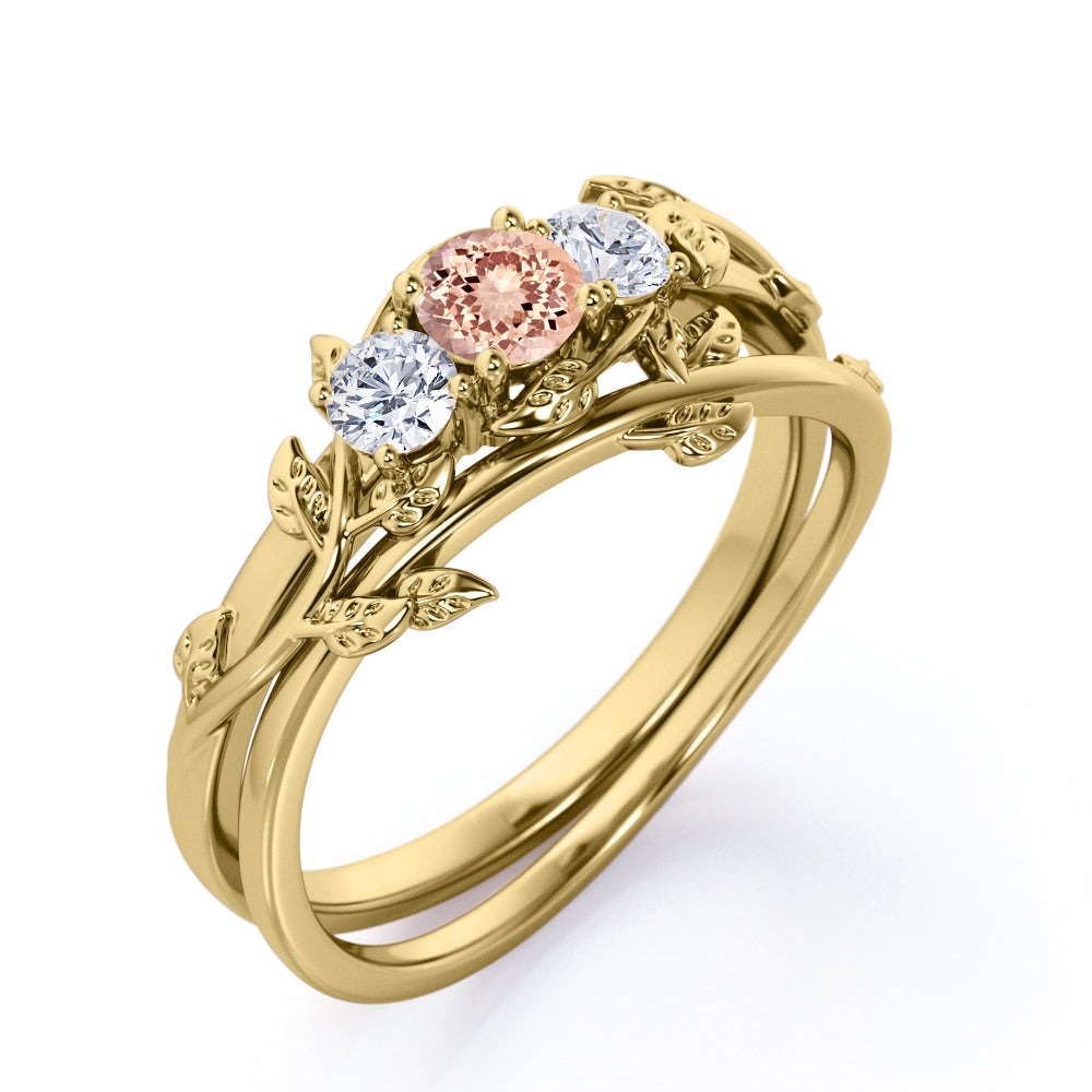 Antique Nature inspired 1.1 carat Round cut Pink Morganite and 2 stone diamond vine wedding ring set in White gold