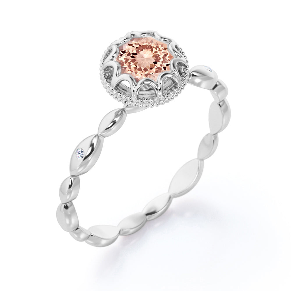Floral Halo 1 carat Round cut Morganite and diamond scalloped Milgrain engagement ring in Black gold