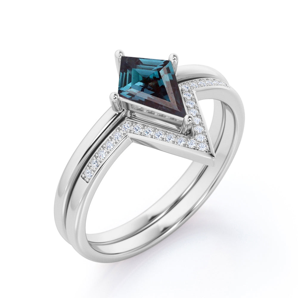 Solitaire Prong 1.25 carat Kite shaped Lab created Alexandrite and diamond contoured wedding ring set in White gold