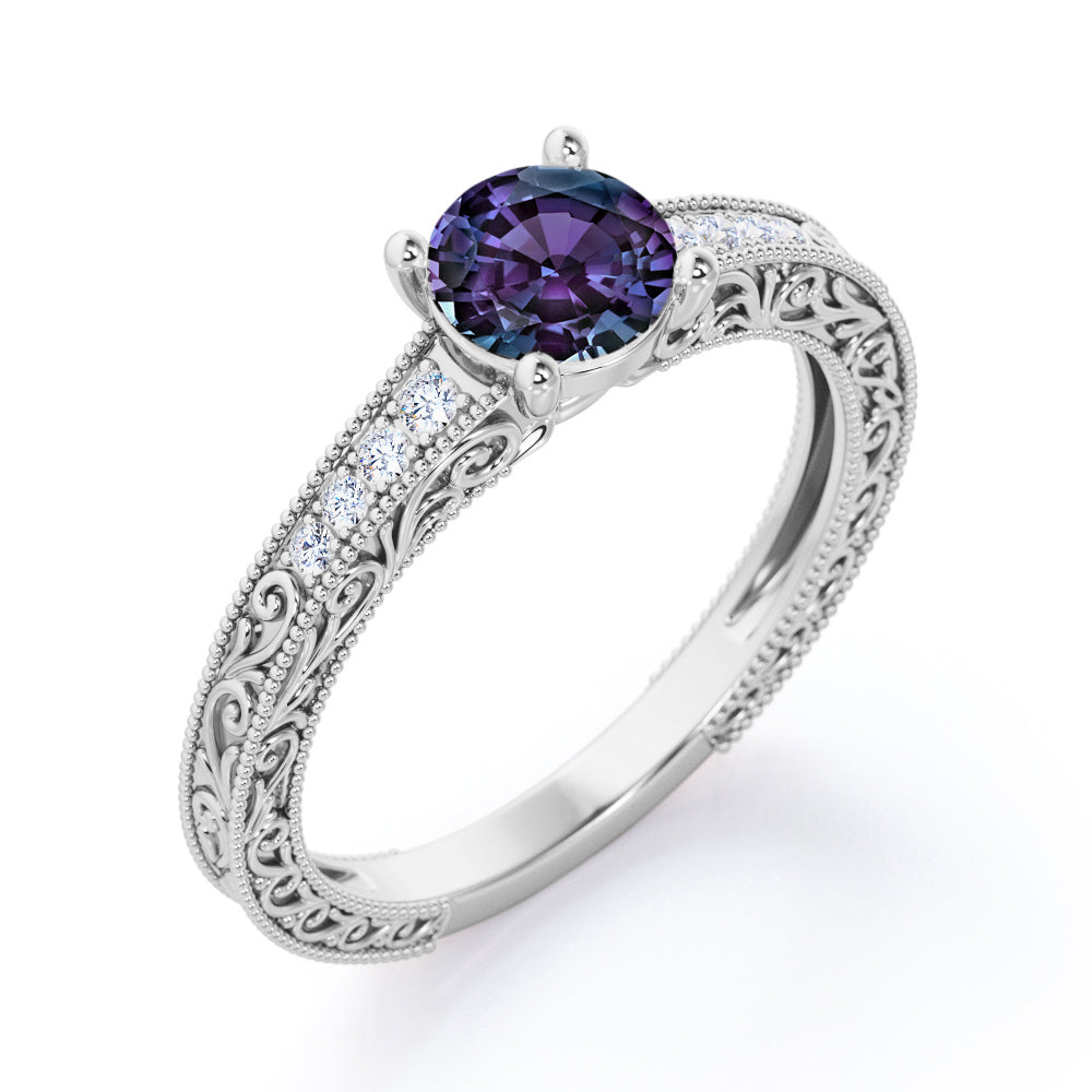 Floral filigree 1.1 carat Round cut Lab created Alexandrite and diamond channel set engagement ring in Rose gold