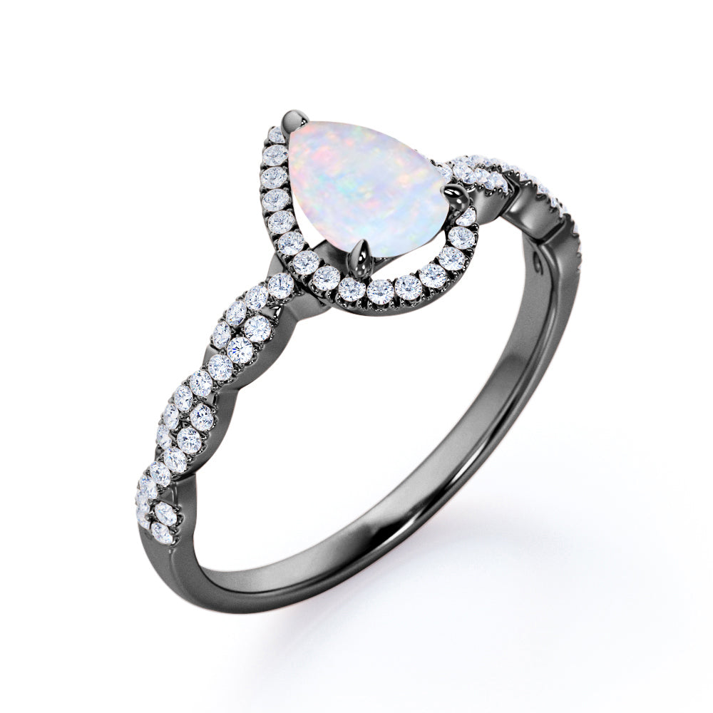 Antique infinity 1.5 carat Pear cut Australian Boulder Opal and diamond halo engagement ring in White gold