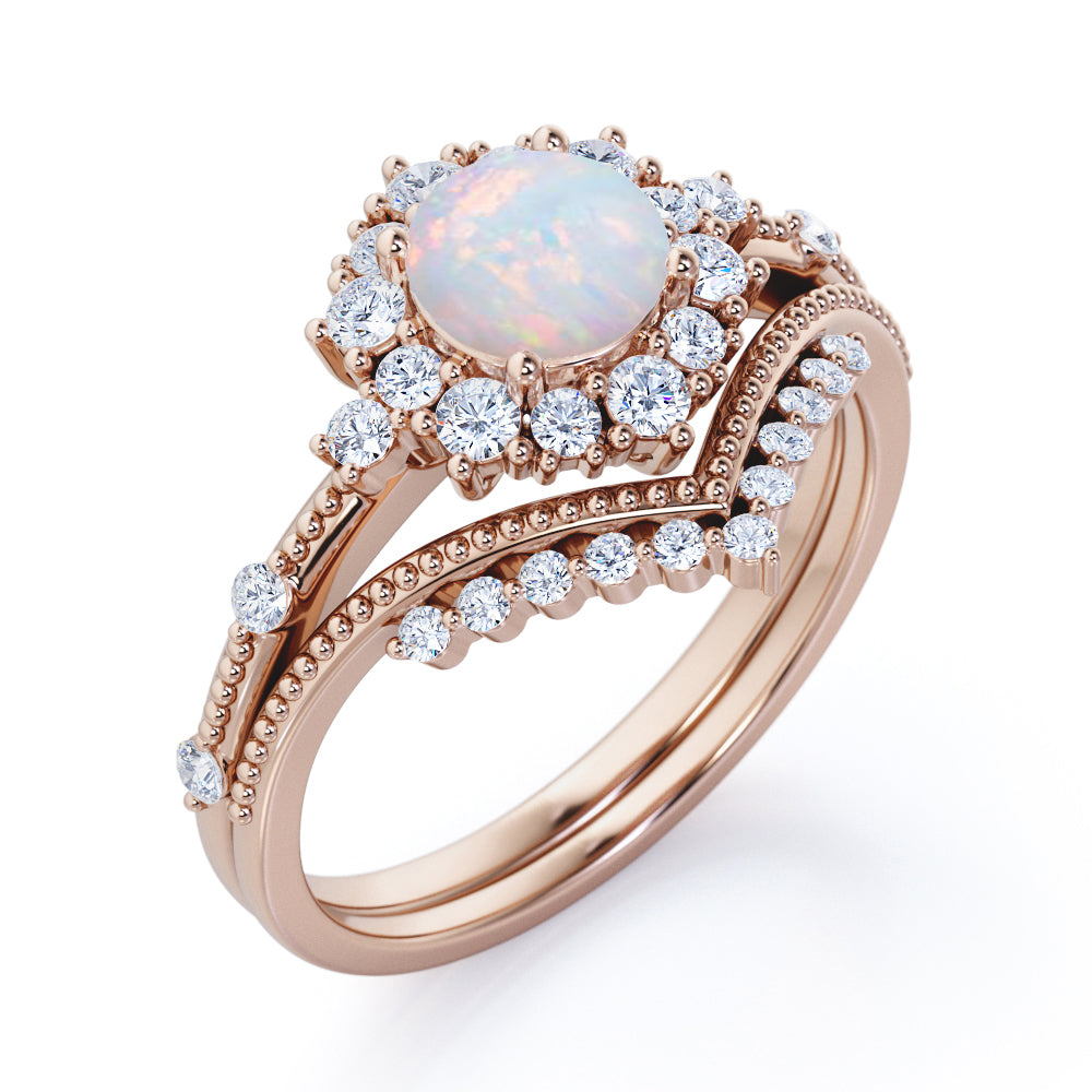 Engraved Chevron 1.35 carat Round cut Ethiopian Opal and diamond vintage halo wedding ring set for women in White gold