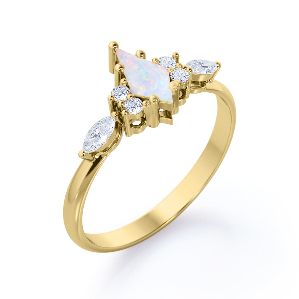 Classic 7 stone 1.2 carat Kite Shape Opal and diamond 6 prong marquise setting engagement ring in Rose gold