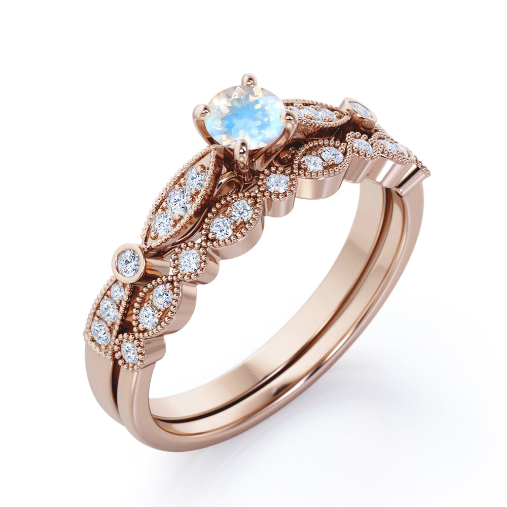 Double Milgrain 1.5 carat Round cut Rainbow Moonstone and diamond cathedral pave engagement ring in White gold
