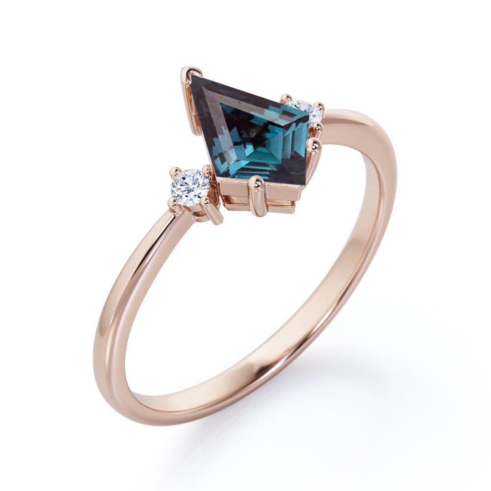 Triple stone 1 carat Kite shaped Alexandrite and diamond classic art deco engagement ring in Rose gold