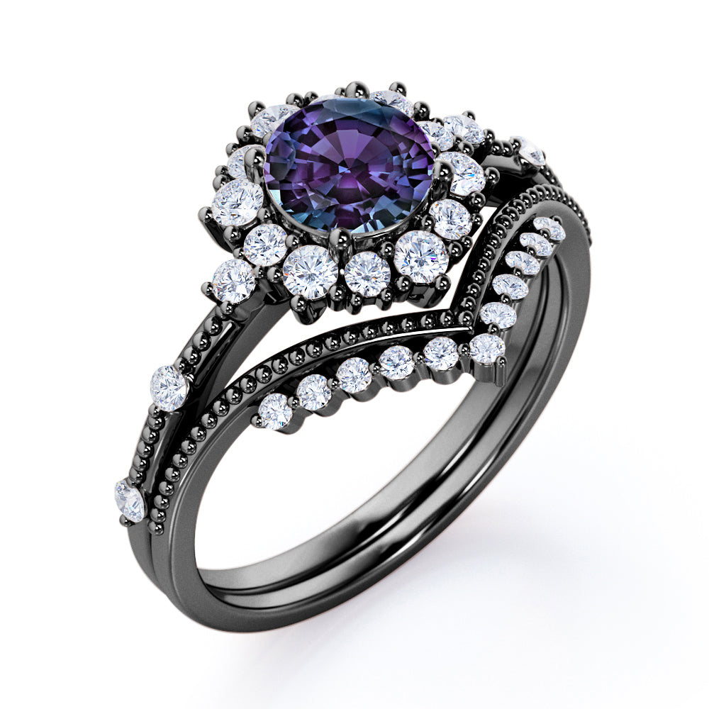 Cluster Chevron 1.5 carat Round cut Lab created Alexandrite and diamond engraved wedding ring set in White gold