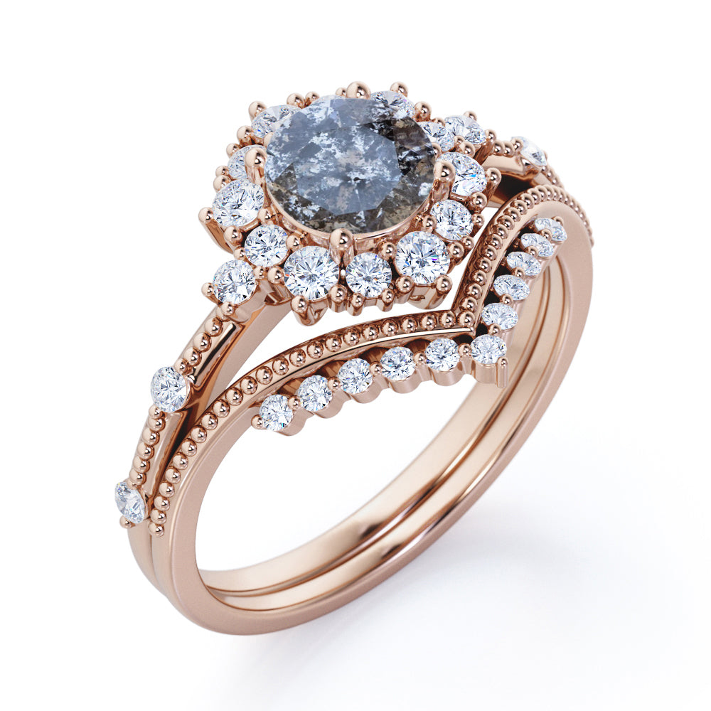 Beaded chevron 1 carat Round cut Salt and pepper diamond and White diamond clustered halo wedding ring set in Black gold