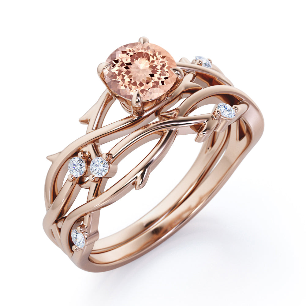 Twig and Vine inspired 1.1 carat Round cut Morganite and diamond earthy wedding ring set in Black gold