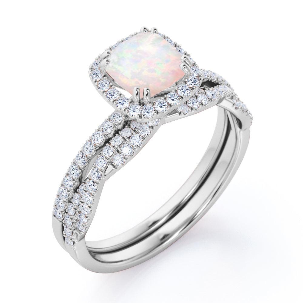 Vintage 1.6 carat Cushion cut Fire Opal and diamond Twisted infinity Wedding ring set in White gold