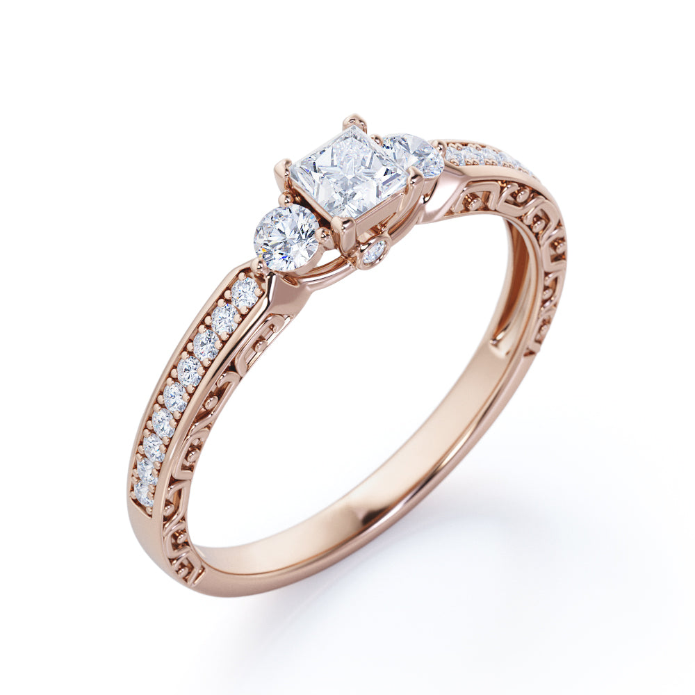Bridge accent setting 0.75 carat Princess cut Moissanite and diamonds three stone engagement ring in White gold