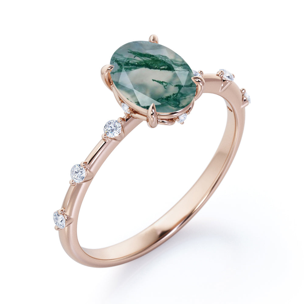 Branch Twig inspired 1.1 carat Moss Green Agate and diamond claw prong engagement ring in White gold