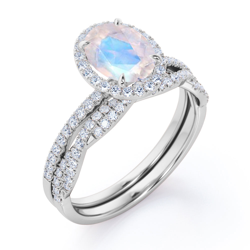 Vintage Halo 1.75 carat Oval cut Moonstone Promise ring and diamond infinity wedding ring band- Bridal set in White gold