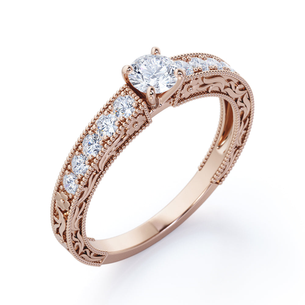 Multistone 0.45 carat Round cut diamond - filigree engraved - vintage milgrain engagement ring for her