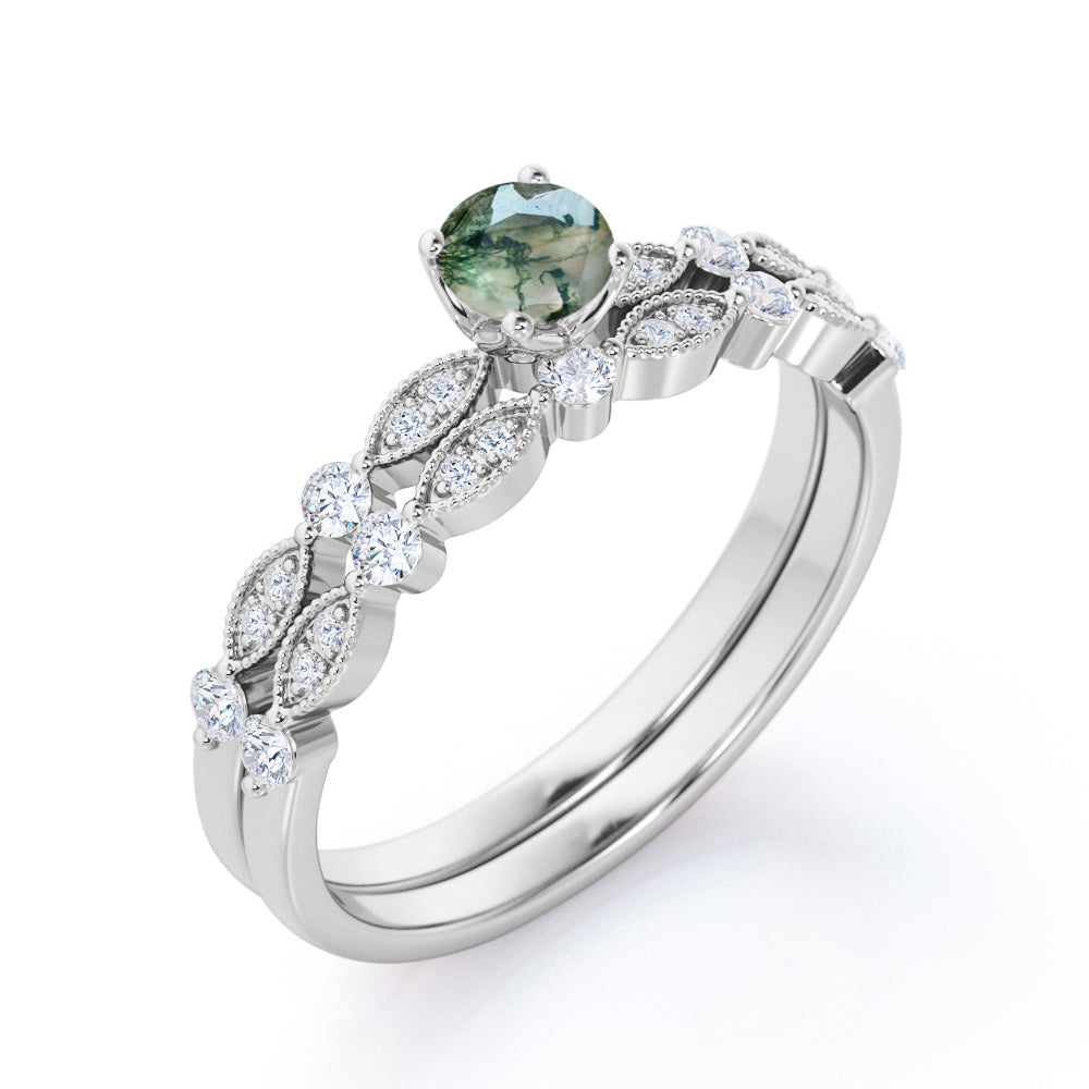 Milgrain Marquise Dot 0.85 carat Round cut Moss Green Agate and diamond wedding ring set for her in Rose gold